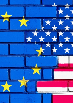 EU US flag brick wall